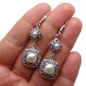 Elegant Long Cultured Pearl Earrings – Sterling Silver & 18K Gold Accents